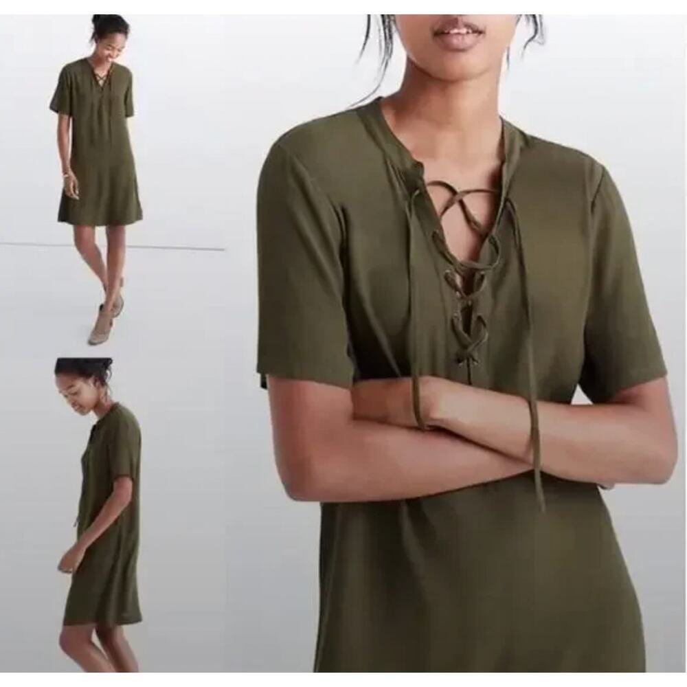 Madewell Novella Lace Up Olive Green Mini Dress T Shirt Short Sleeve Women's L